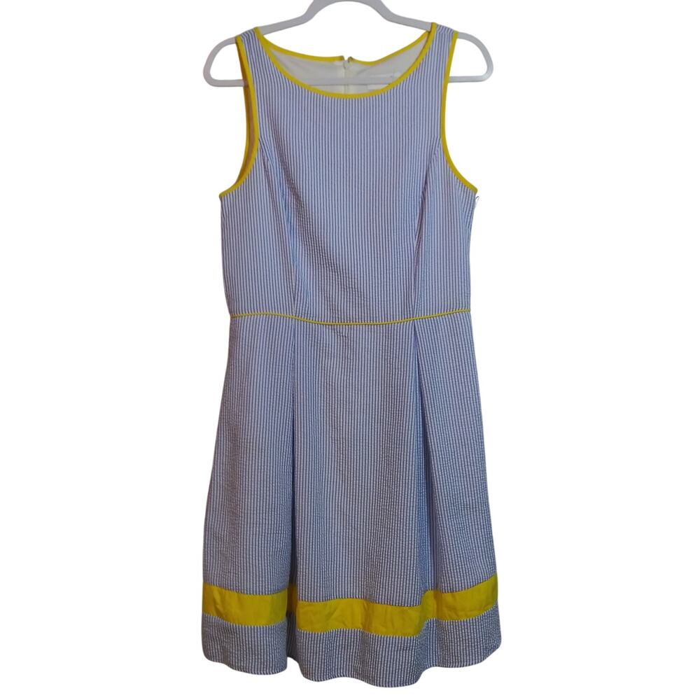Elle Blue White Stripe Searsucker Fit and Flare Sleeveless Dress Sz M